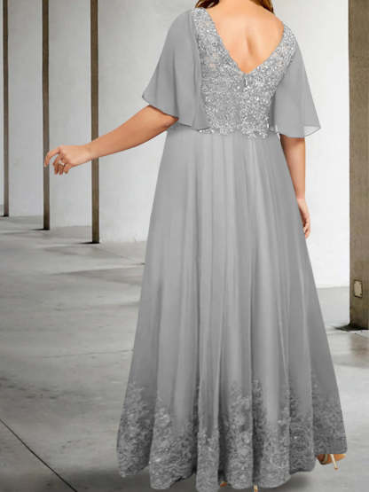 Plus Size V-Neck A-Line Princess Floor-Length Mother of the Bride Dress with Appliques and Half Sleeves-BMbridal.UK