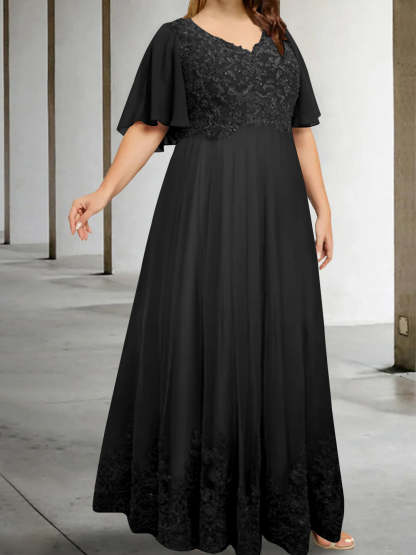 Plus Size V-Neck A-Line Princess Floor-Length Mother of the Bride Dress with Appliques and Half Sleeves-BMbridal.UK