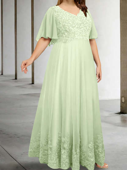 Plus Size V-Neck A-Line Princess Floor-Length Mother of the Bride Dress with Appliques and Half Sleeves-BMbridal.UK