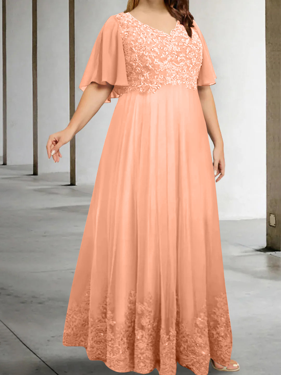 Plus Size V-Neck A-Line Princess Floor-Length Mother of the Bride Dress with Appliques and Half Sleeves-BMbridal.UK