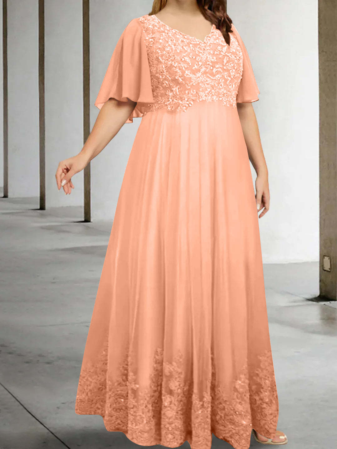 Plus Size V-Neck A-Line Princess Floor-Length Mother of the Bride Dress with Appliques and Half Sleeves-BMbridal.UK