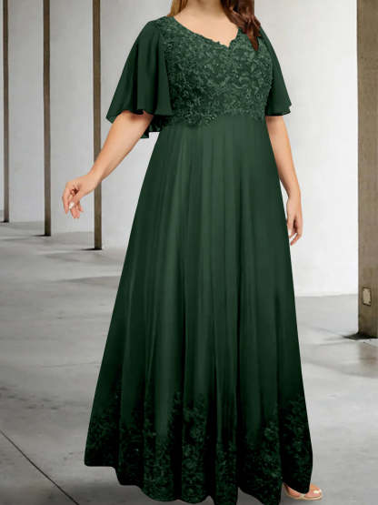 Plus Size V-Neck A-Line Princess Floor-Length Mother of the Bride Dress with Appliques and Half Sleeves-BMbridal.UK