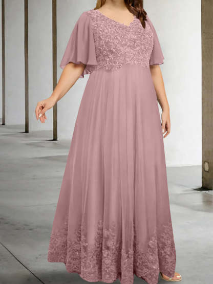Plus Size V-Neck A-Line Princess Floor-Length Mother of the Bride Dress with Appliques and Half Sleeves-BMbridal.UK