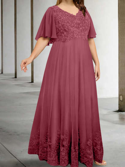 Plus Size V-Neck A-Line Princess Floor-Length Mother of the Bride Dress with Appliques and Half Sleeves-BMbridal.UK