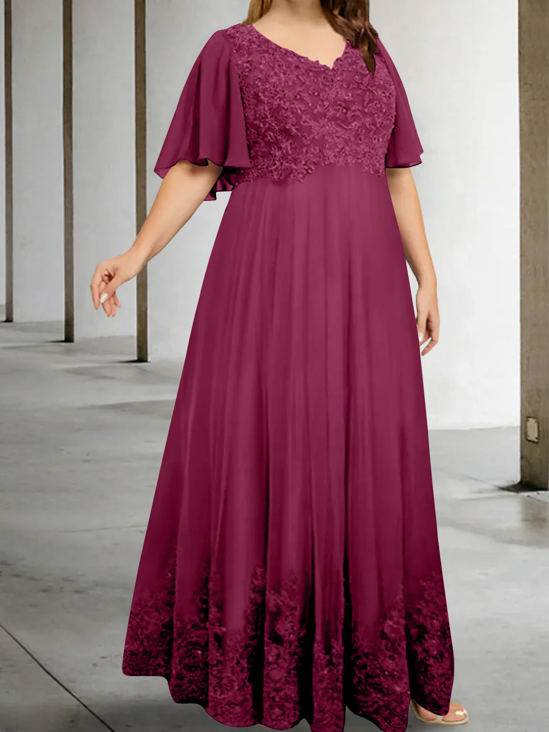 Plus Size V-Neck A-Line Princess Floor-Length Mother of the Bride Dress with Appliques and Half Sleeves-BMbridal.UK