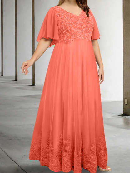 Plus Size V-Neck A-Line Princess Floor-Length Mother of the Bride Dress with Appliques and Half Sleeves-BMbridal.UK