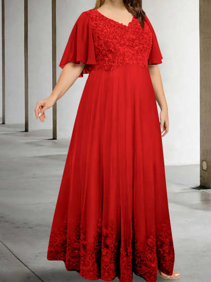 Plus Size V-Neck A-Line Princess Floor-Length Mother of the Bride Dress with Appliques and Half Sleeves-BMbridal.UK