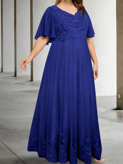Plus Size V-Neck A-Line Princess Floor-Length Mother of the Bride Dress with Appliques and Half Sleeves-BMbridal.UK