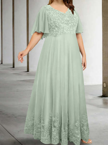Plus Size V-Neck A-Line Princess Floor-Length Mother of the Bride Dress with Appliques and Half Sleeves-BMbridal.UK