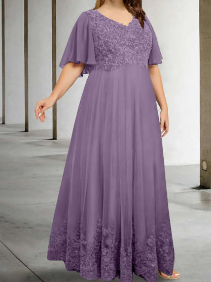 Plus Size V-Neck A-Line Princess Floor-Length Mother of the Bride Dress with Appliques and Half Sleeves-BMbridal.UK