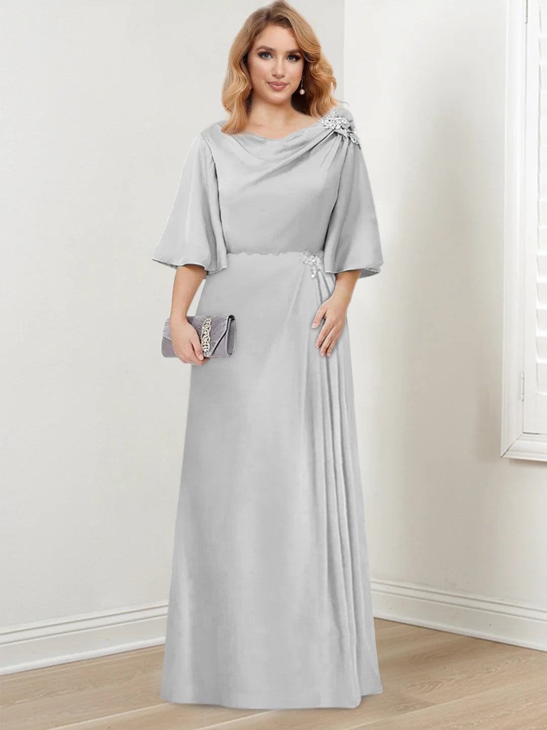Floor-Length A-Line Princess Gown with Scoop Neck and 3/4 Ruffled Sleeves for the Mother of the Bride-BMbridal.UK