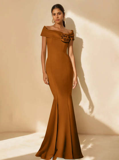Minimalist Off-the-Shoulder Mother of the Bride Dresses in Trumpet/Mermaid Style with Detachable Flower-BMbridal.UK