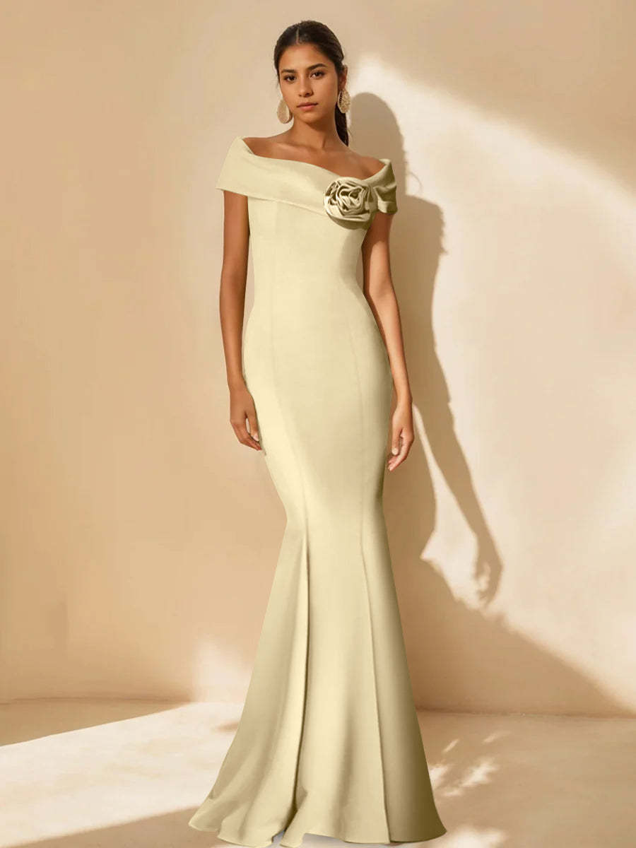 Minimalist Off-the-Shoulder Mother of the Bride Dresses in Trumpet/Mermaid Style with Detachable Flower-BMbridal.UK