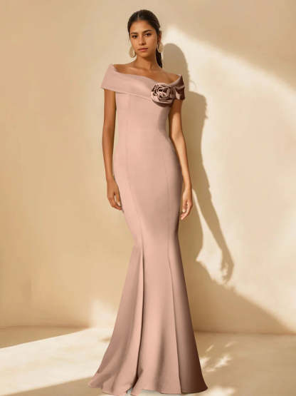 Minimalist Off-the-Shoulder Mother of the Bride Dresses in Trumpet/Mermaid Style with Detachable Flower-BMbridal.UK