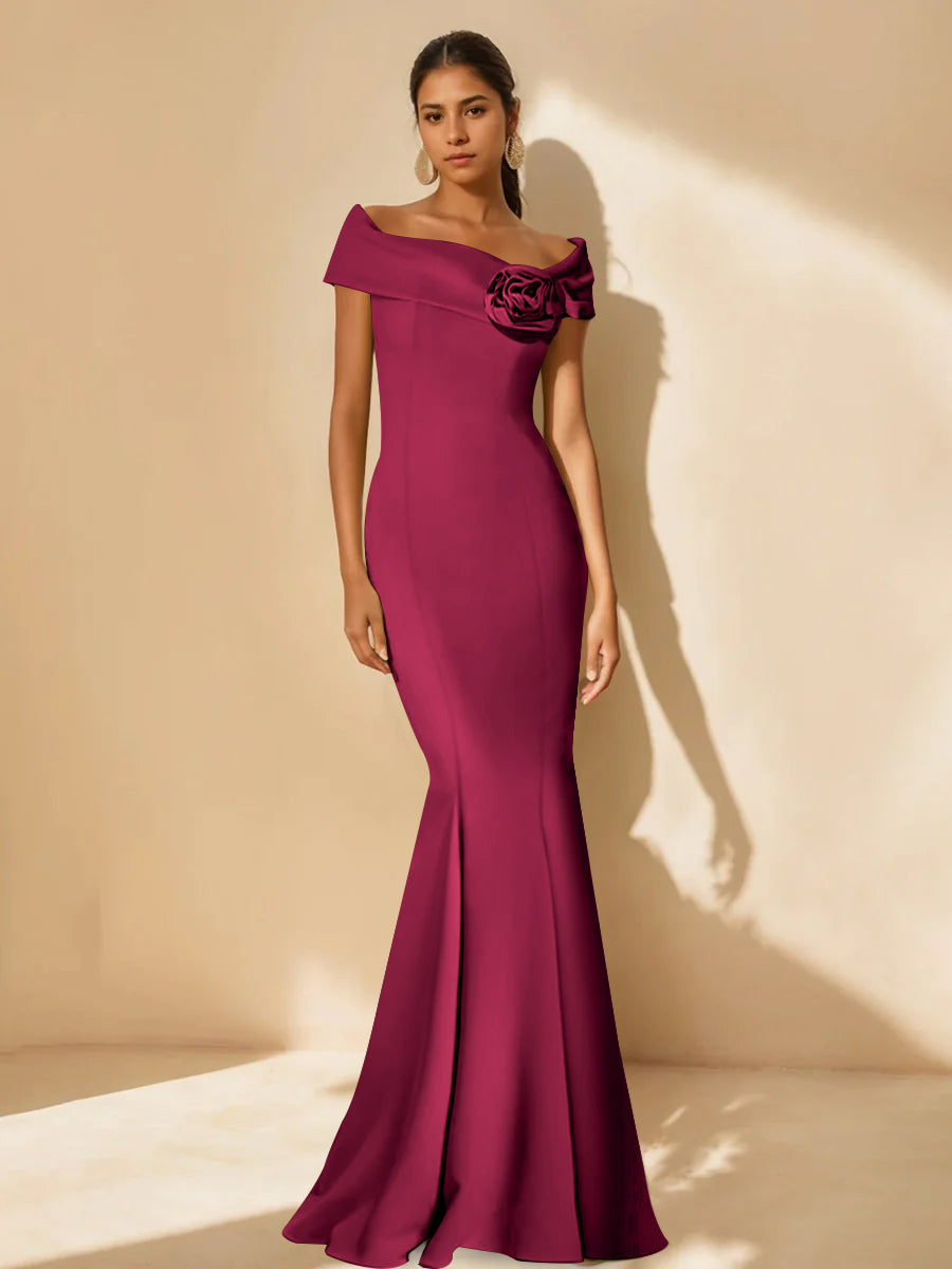 Minimalist Off-the-Shoulder Mother of the Bride Dresses in Trumpet/Mermaid Style with Detachable Flower-BMbridal.UK