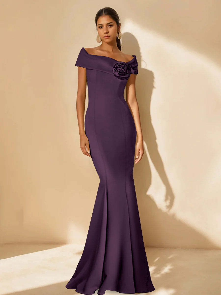 Minimalist Off-the-Shoulder Mother of the Bride Dresses in Trumpet/Mermaid Style with Detachable Flower-BMbridal.UK