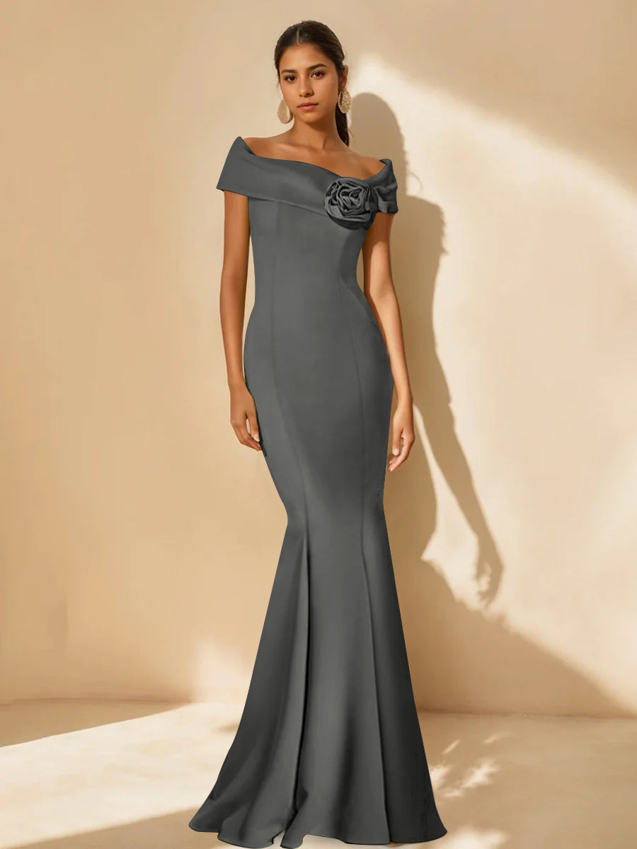 Minimalist Off-the-Shoulder Mother of the Bride Dresses in Trumpet/Mermaid Style with Detachable Flower-BMbridal.UK