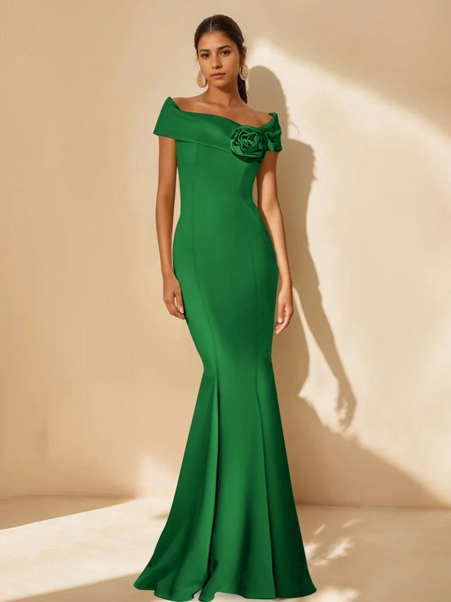 Minimalist Off-the-Shoulder Mother of the Bride Dresses in Trumpet/Mermaid Style with Detachable Flower-BMbridal.UK
