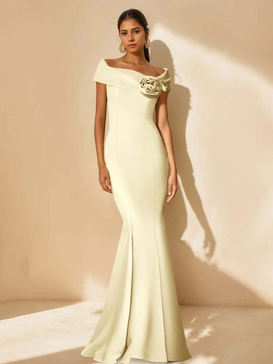 Minimalist Off-the-Shoulder Mother of the Bride Dresses in Trumpet/Mermaid Style with Detachable Flower-BMbridal.UK