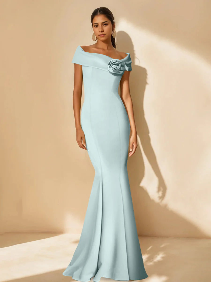 Minimalist Off-the-Shoulder Mother of the Bride Dresses in Trumpet/Mermaid Style with Detachable Flower-BMbridal.UK