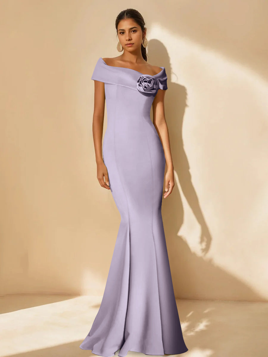 Minimalist Off-the-Shoulder Mother of the Bride Dresses in Trumpet/Mermaid Style with Detachable Flower-BMbridal.UK