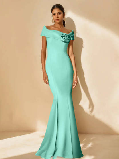 Minimalist Off-the-Shoulder Mother of the Bride Dresses in Trumpet/Mermaid Style with Detachable Flower-BMbridal.UK