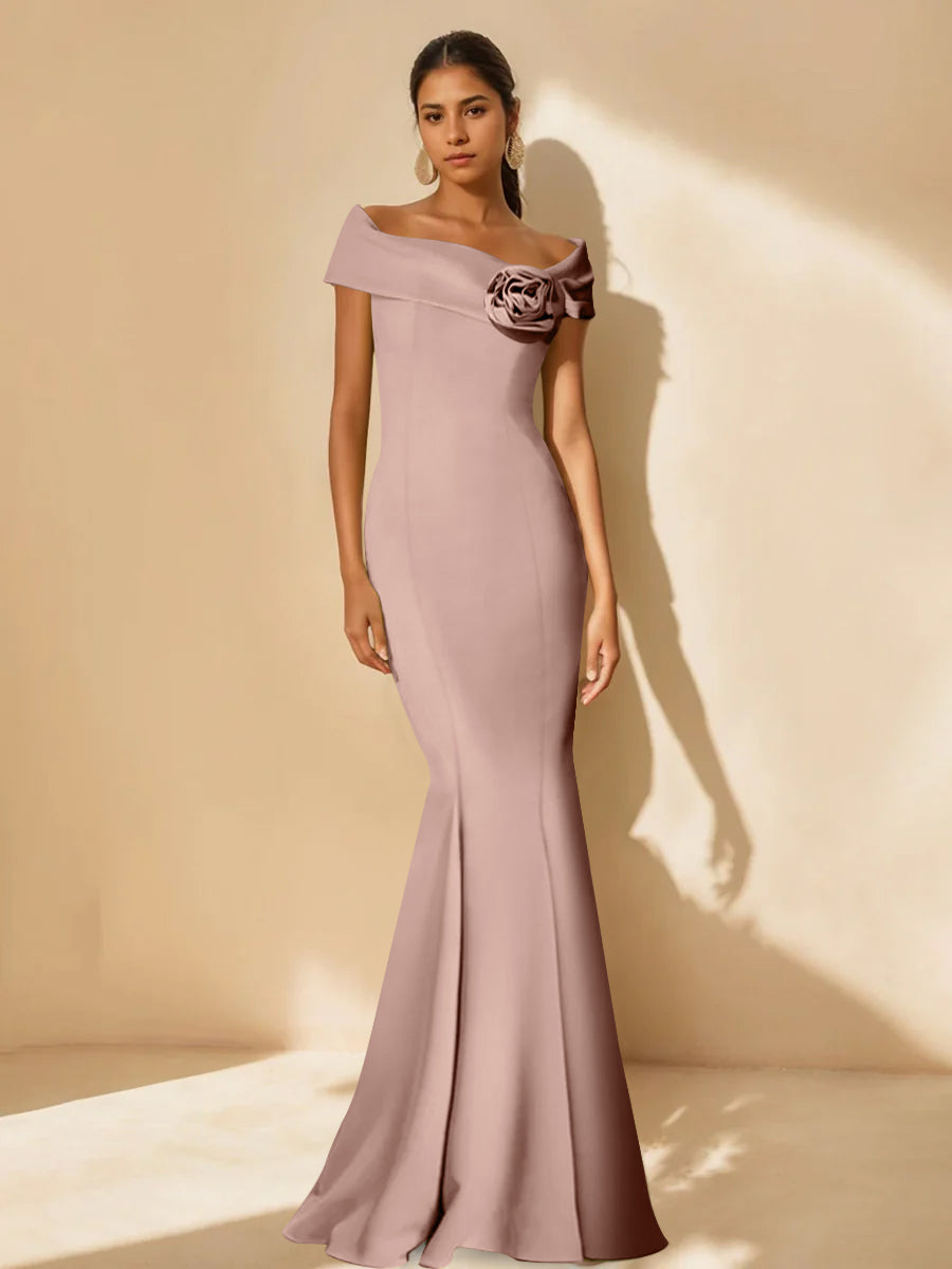Minimalist Off-the-Shoulder Mother of the Bride Dresses in Trumpet/Mermaid Style with Detachable Flower-BMbridal.UK