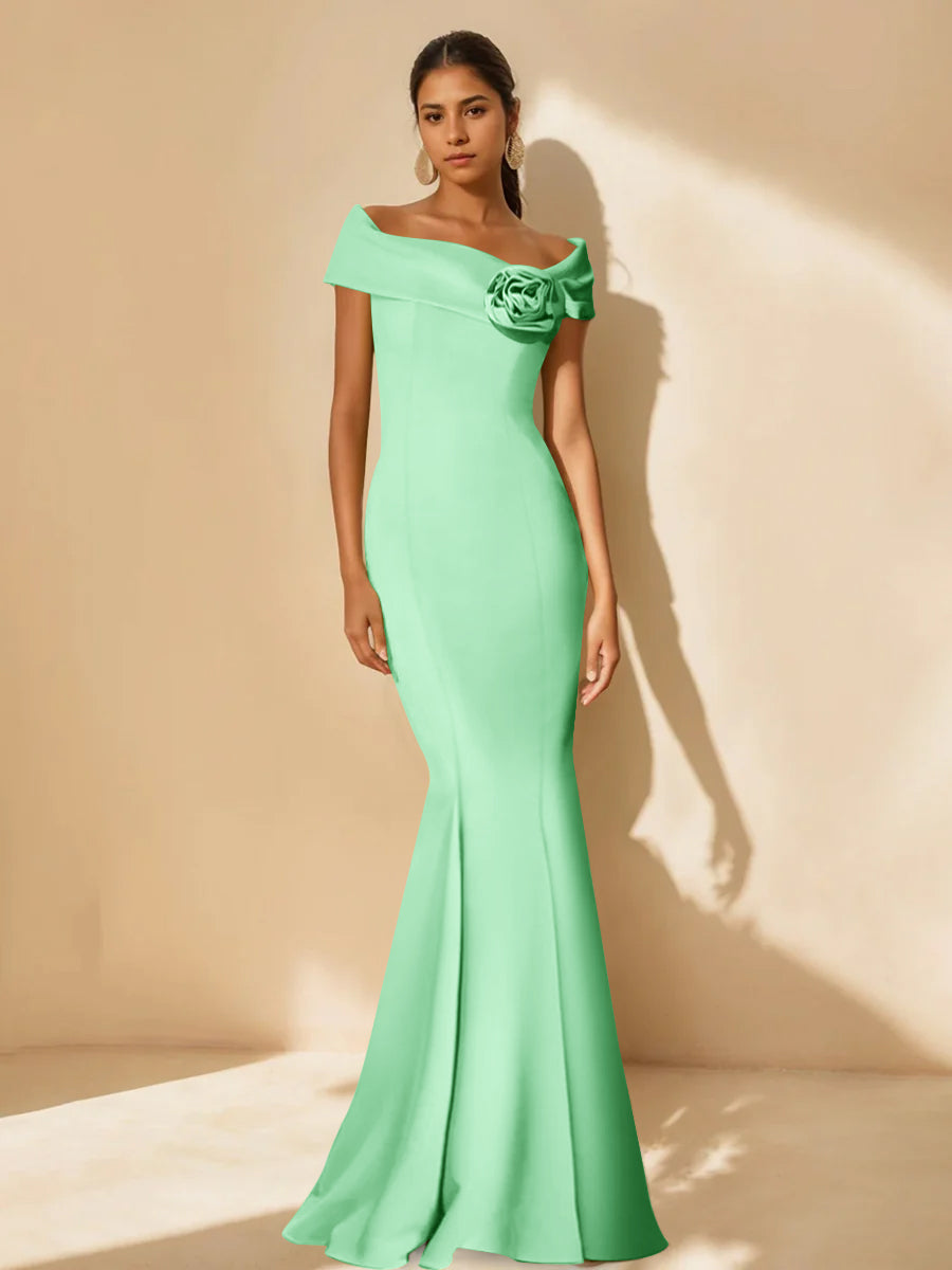 Minimalist Off-the-Shoulder Mother of the Bride Dresses in Trumpet/Mermaid Style with Detachable Flower-BMbridal.UK