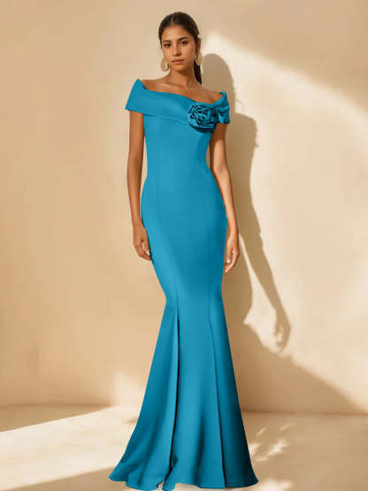 Minimalist Off-the-Shoulder Mother of the Bride Dresses in Trumpet/Mermaid Style with Detachable Flower-BMbridal.UK