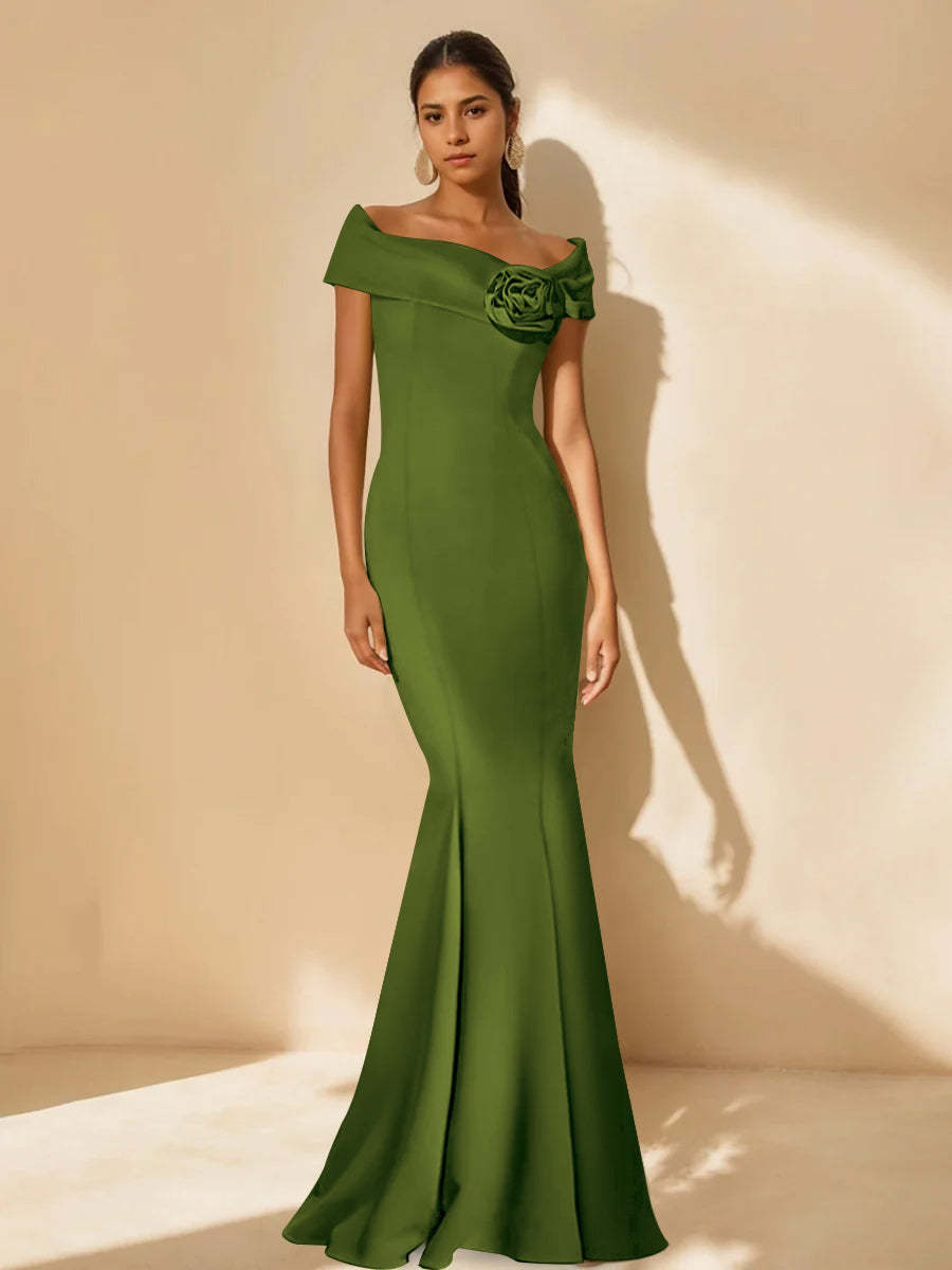 Minimalist Off-the-Shoulder Mother of the Bride Dresses in Trumpet/Mermaid Style with Detachable Flower-BMbridal.UK