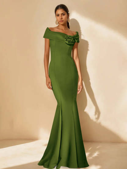 Minimalist Off-the-Shoulder Mother of the Bride Dresses in Trumpet/Mermaid Style with Detachable Flower-BMbridal.UK