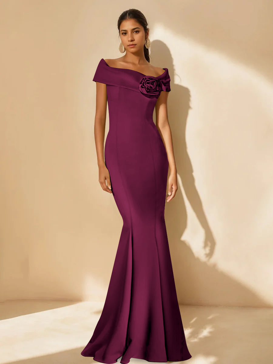 Minimalist Off-the-Shoulder Mother of the Bride Dresses in Trumpet/Mermaid Style with Detachable Flower-BMbridal.UK