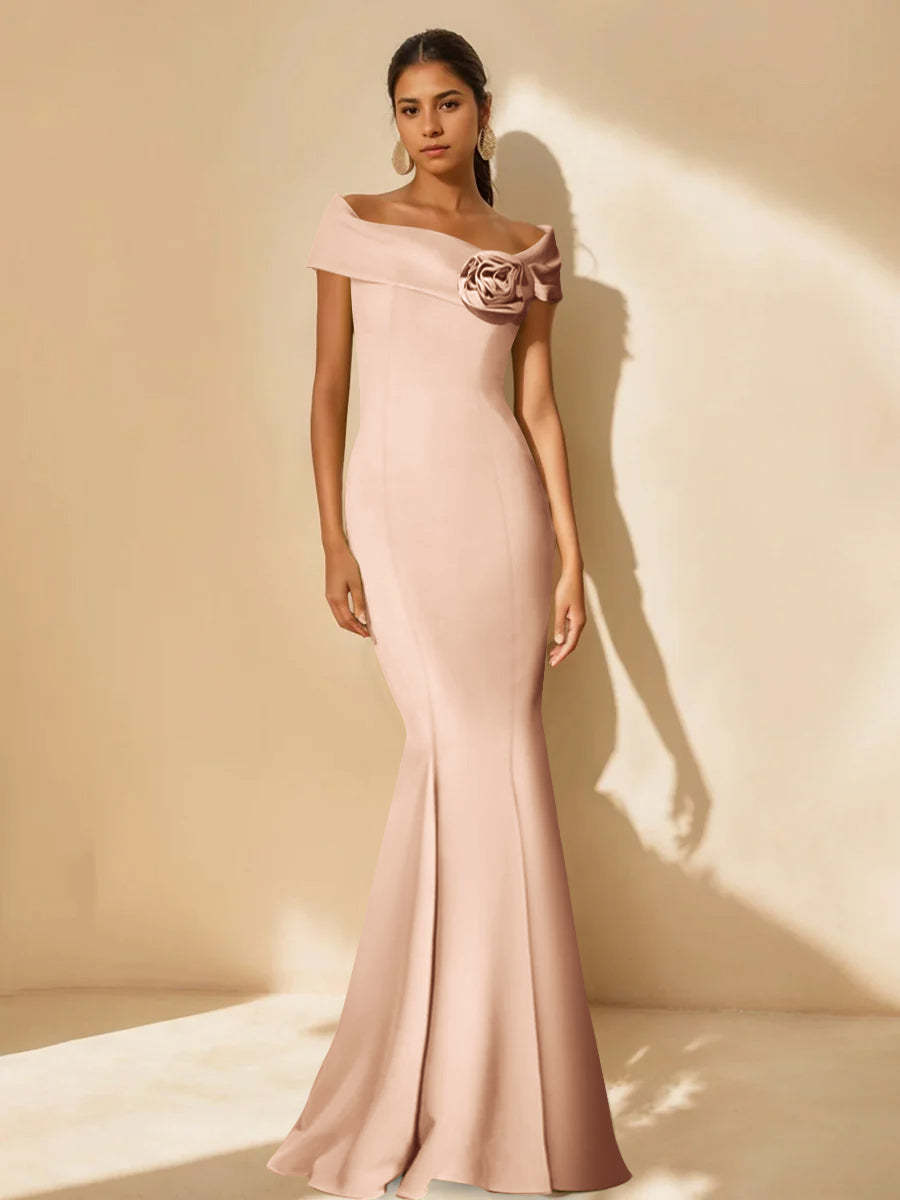 Minimalist Off-the-Shoulder Mother of the Bride Dresses in Trumpet/Mermaid Style with Detachable Flower-BMbridal.UK