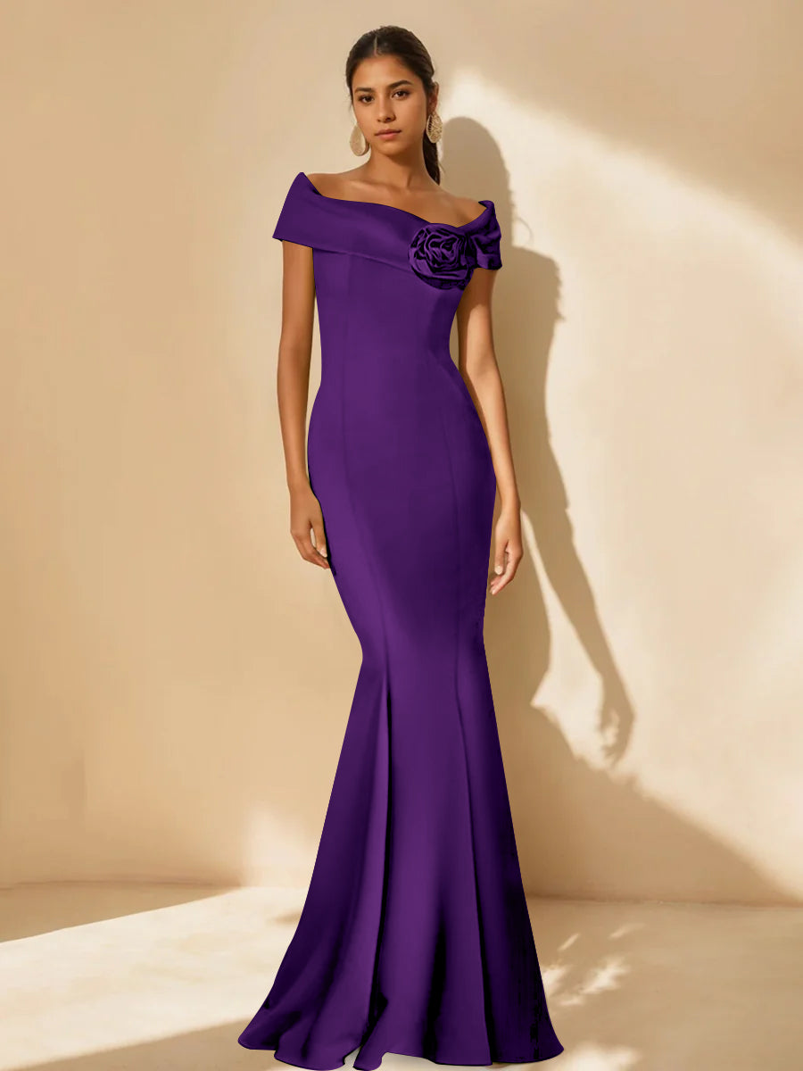 Minimalist Off-the-Shoulder Mother of the Bride Dresses in Trumpet/Mermaid Style with Detachable Flower-BMbridal.UK
