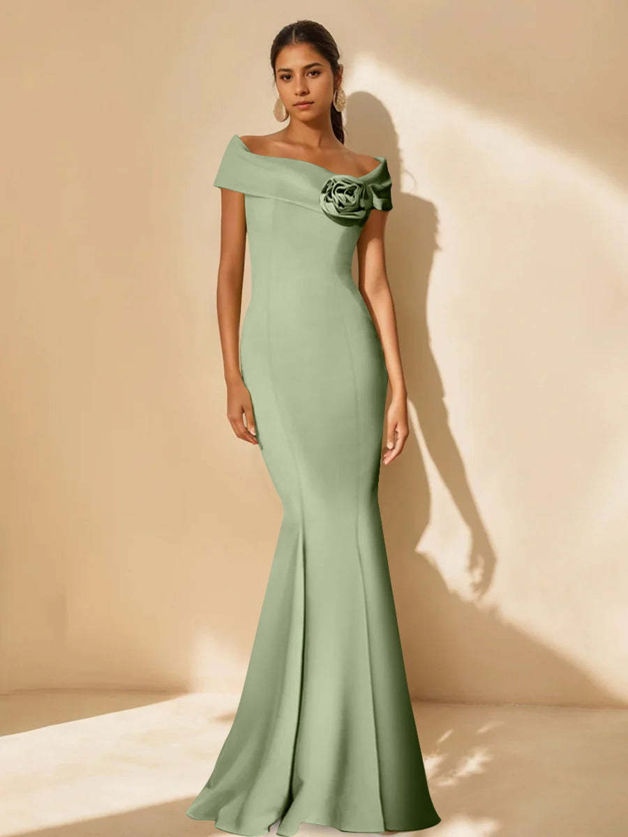 Minimalist Off-the-Shoulder Mother of the Bride Dresses in Trumpet/Mermaid Style with Detachable Flower-BMbridal.UK