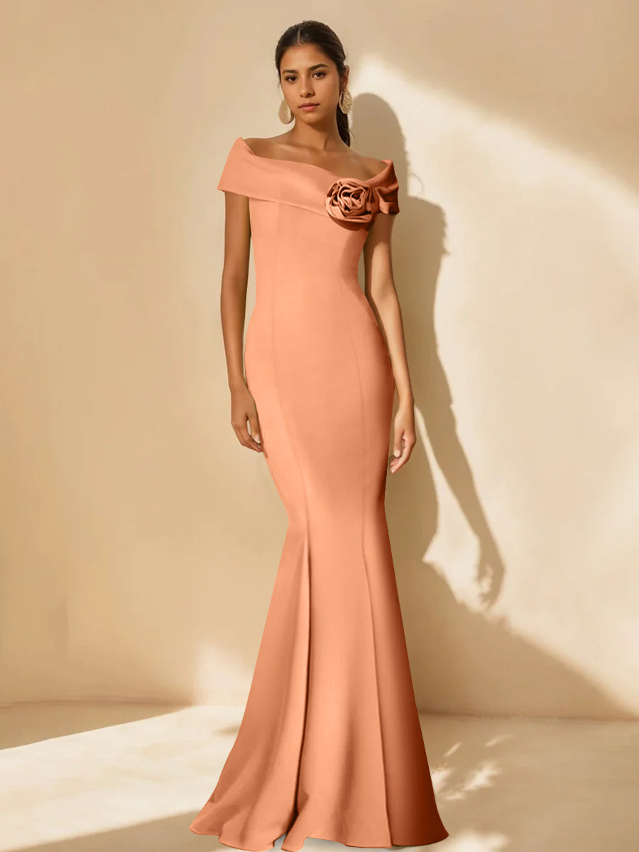 Minimalist Off-the-Shoulder Mother of the Bride Dresses in Trumpet/Mermaid Style with Detachable Flower-BMbridal.UK