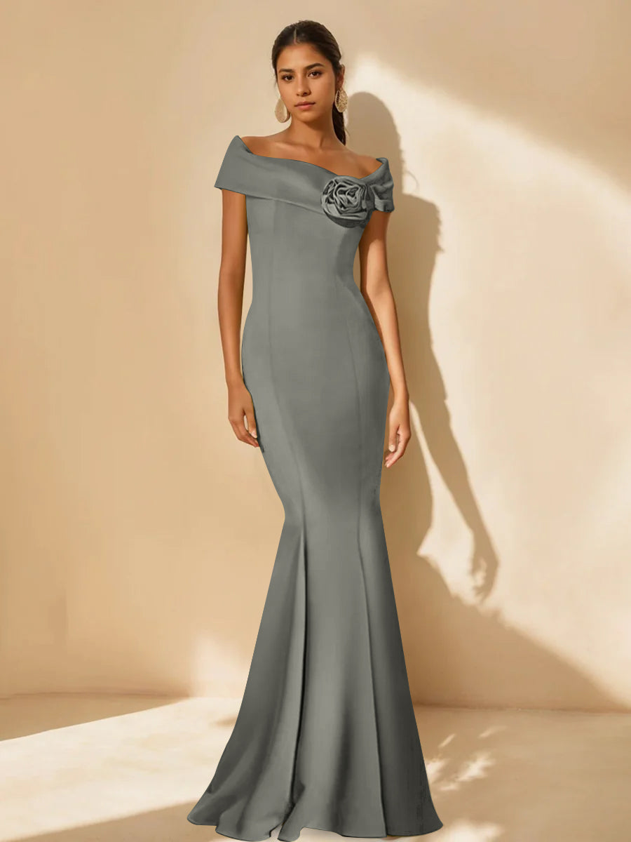Minimalist Off-the-Shoulder Mother of the Bride Dresses in Trumpet/Mermaid Style with Detachable Flower-BMbridal.UK