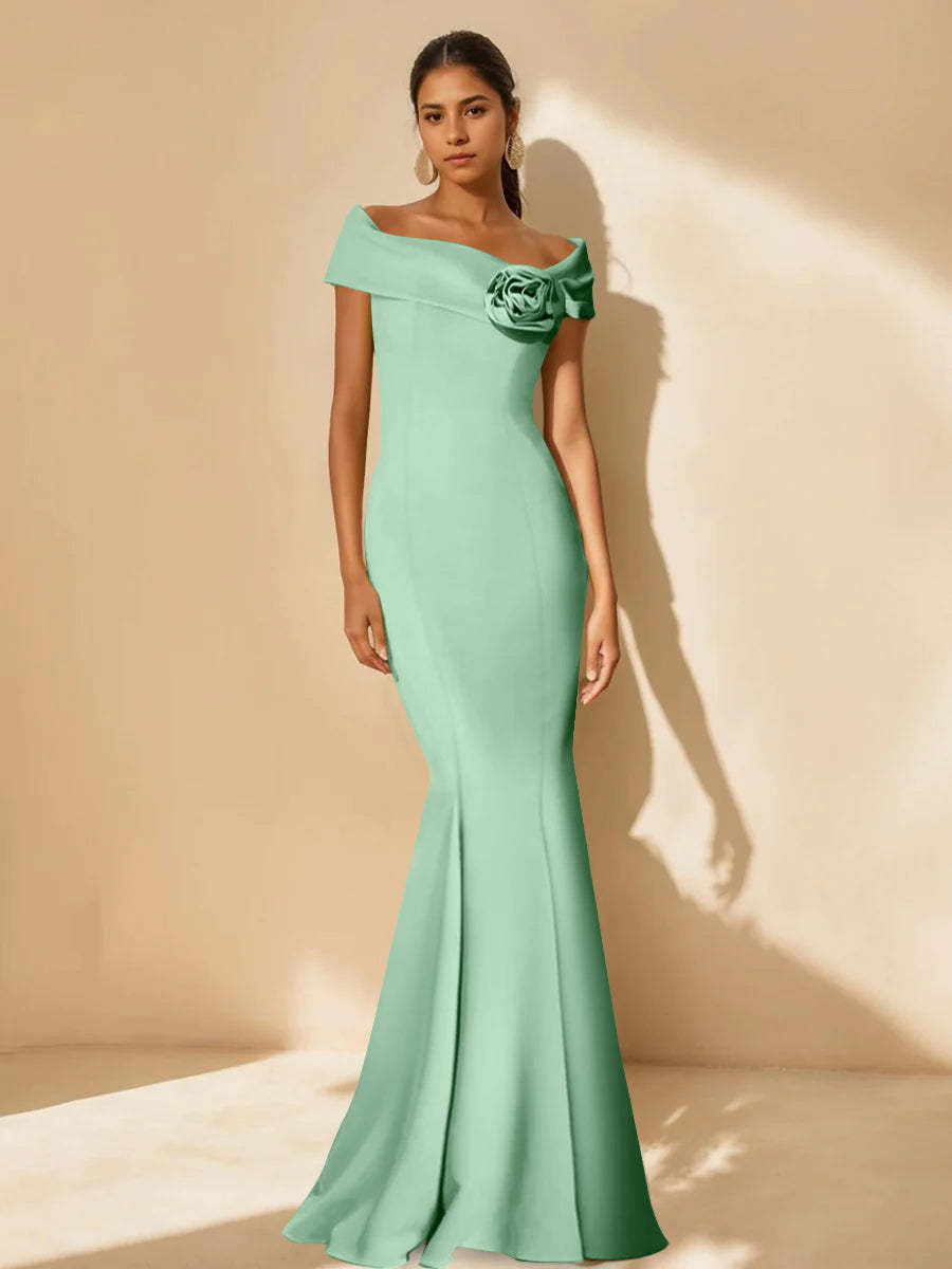 Minimalist Off-the-Shoulder Mother of the Bride Dresses in Trumpet/Mermaid Style with Detachable Flower-BMbridal.UK