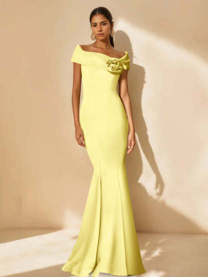 Minimalist Off-the-Shoulder Mother of the Bride Dresses in Trumpet/Mermaid Style with Detachable Flower-BMbridal.UK