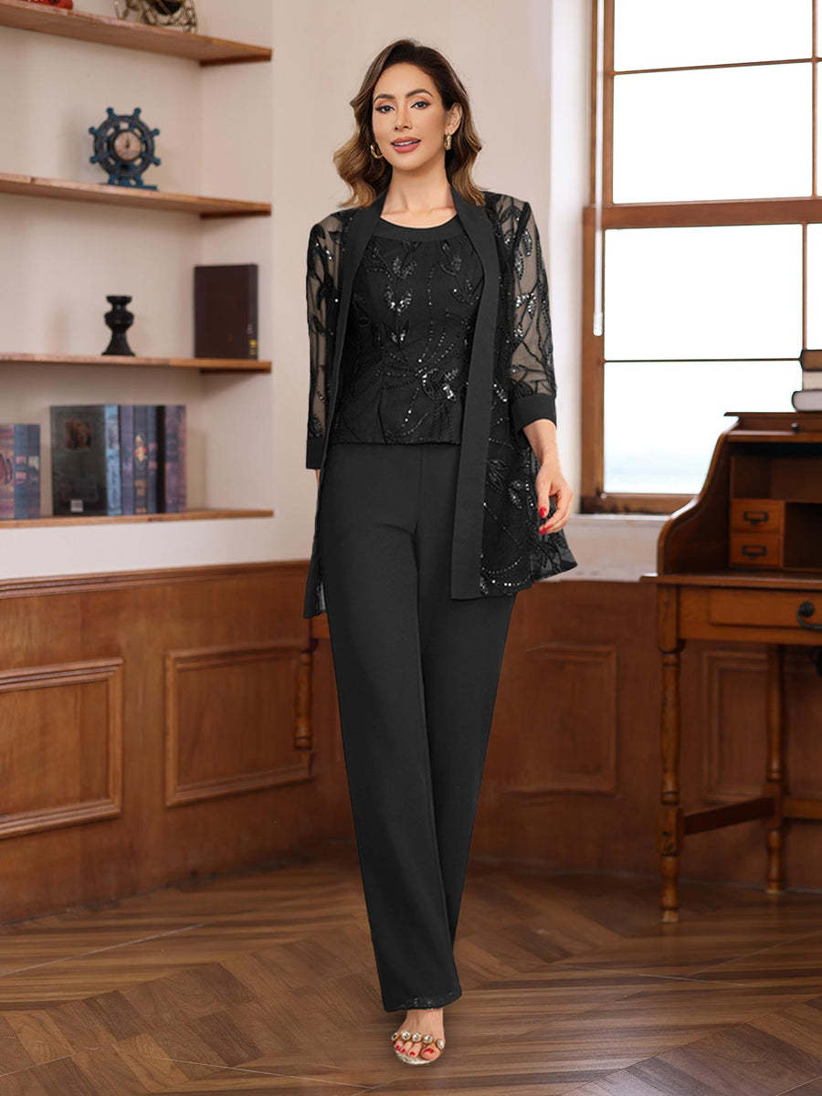 3-Piece Floor-Length Chiffon Pantsuits with Sequins for the Mother of the Bride