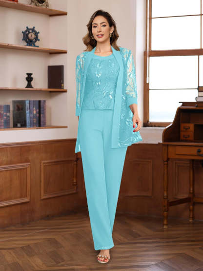 3-Piece Floor-Length Chiffon Pantsuits with Sequins for the Mother of the Bride