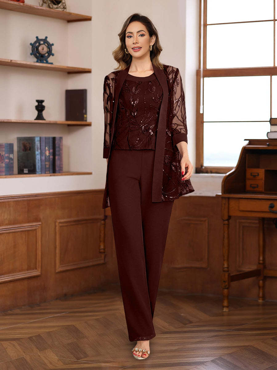 3-Piece Floor-Length Chiffon Pantsuits with Sequins for the Mother of the Bride