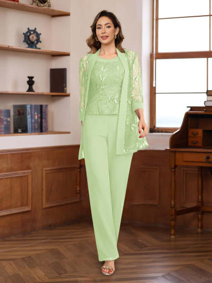 3-Piece Floor-Length Chiffon Pantsuits with Sequins for the Mother of the Bride