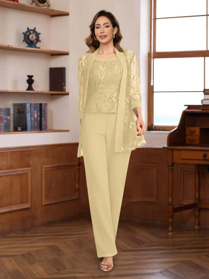 3-Piece Floor-Length Chiffon Pantsuits with Sequins for the Mother of the Bride