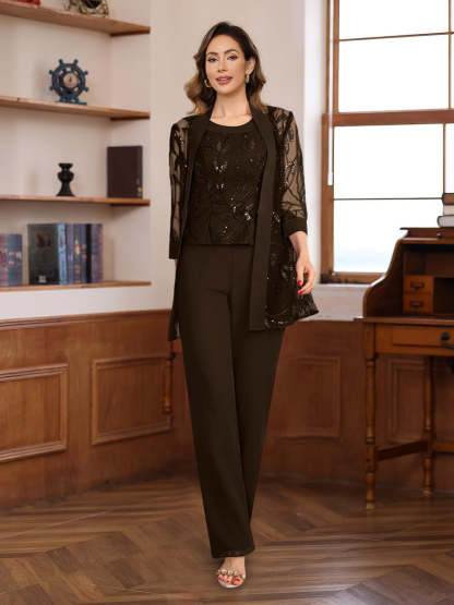 3-Piece Floor-Length Chiffon Pantsuits with Sequins for the Mother of the Bride