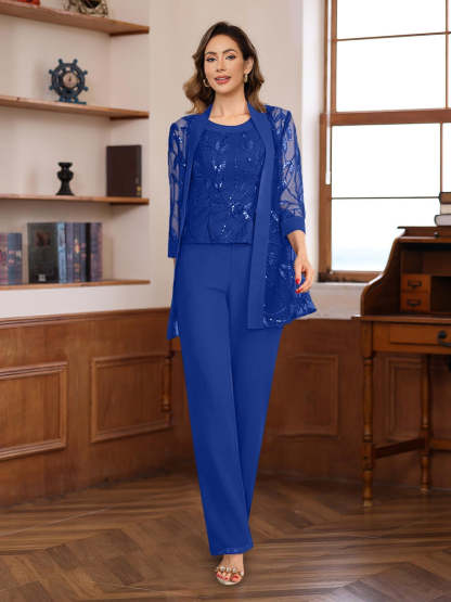 3-Piece Floor-Length Chiffon Pantsuits with Sequins for the Mother of the Bride