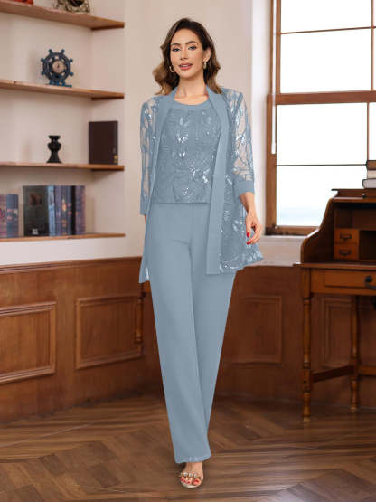 3-Piece Floor-Length Chiffon Pantsuits with Sequins for the Mother of the Bride