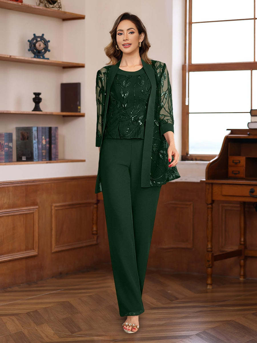 3-Piece Floor-Length Chiffon Pantsuits with Sequins for the Mother of the Bride