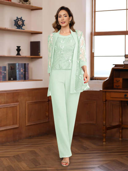 3-Piece Floor-Length Chiffon Pantsuits with Sequins for the Mother of the Bride