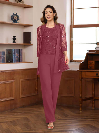 3-Piece Floor-Length Chiffon Pantsuits with Sequins for the Mother of the Bride